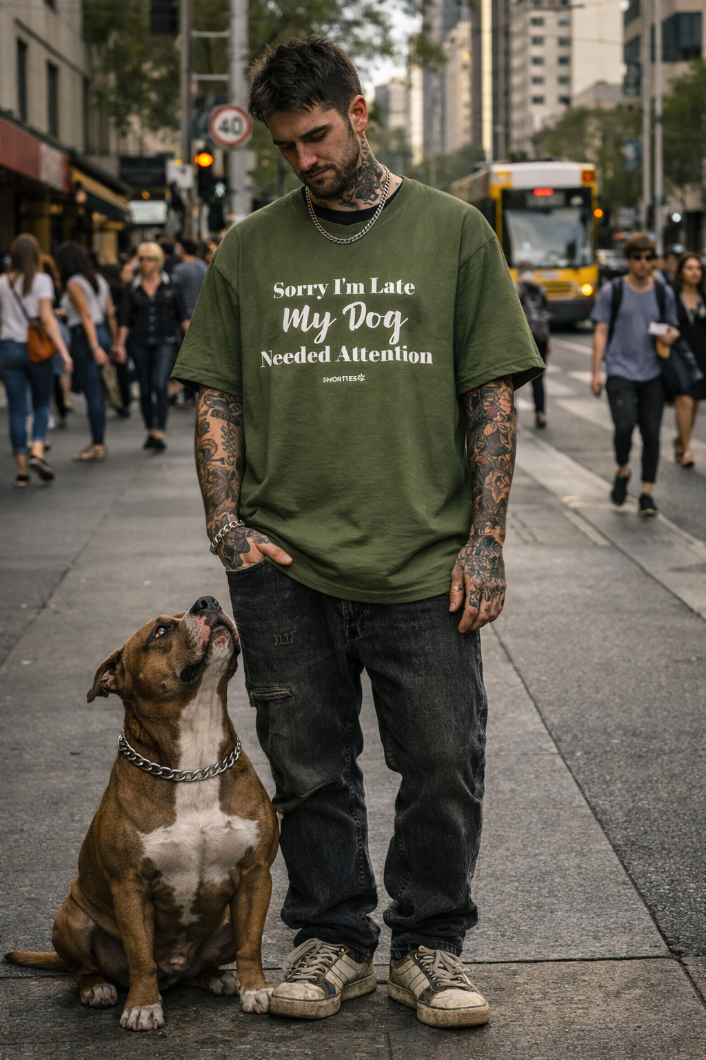 Snorties oversized T-shirt with "Sorry I'm Late" graphic, casual fit, in soft fabric, laid flat for display.