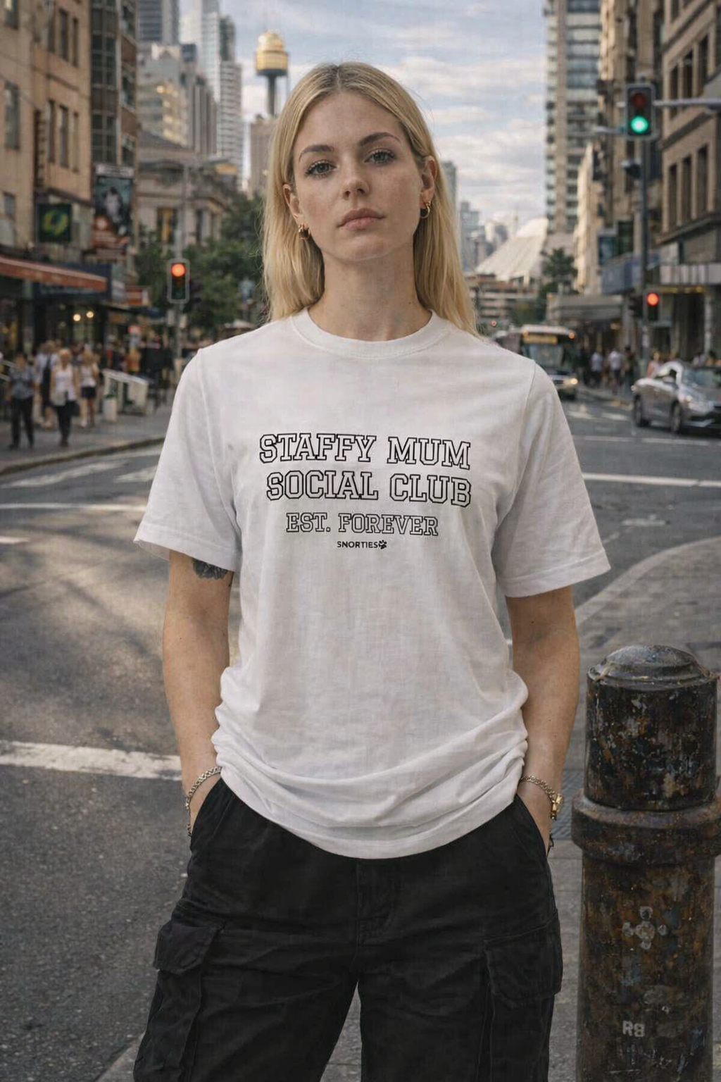 Snorties Staffy Mum women's T-shirt featuring a stylish graphic design with a comfortable fit and casual style.