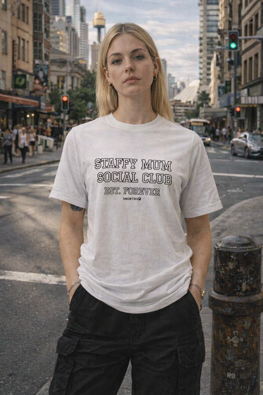 Snorties Staffy Mum women's T-shirt featuring a stylish graphic design with a comfortable fit and casual style.