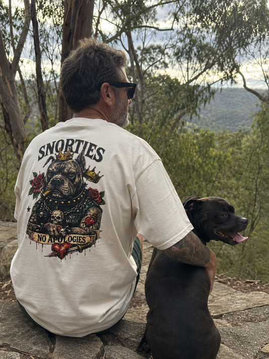 Snorties Inked Enforcer Staffy T-shirt featuring a detailed Staffy dog graphic on a black cotton tee.