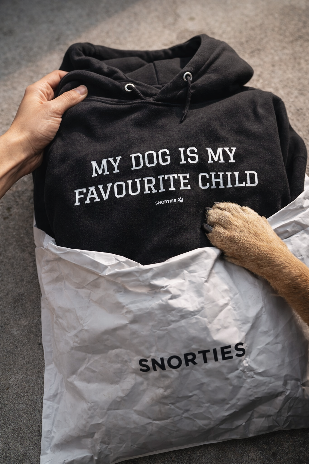 Unboxing image of Snorties My Favourite Child Hoodie showing the soft, cozy hoodie with playful design and brand logo.