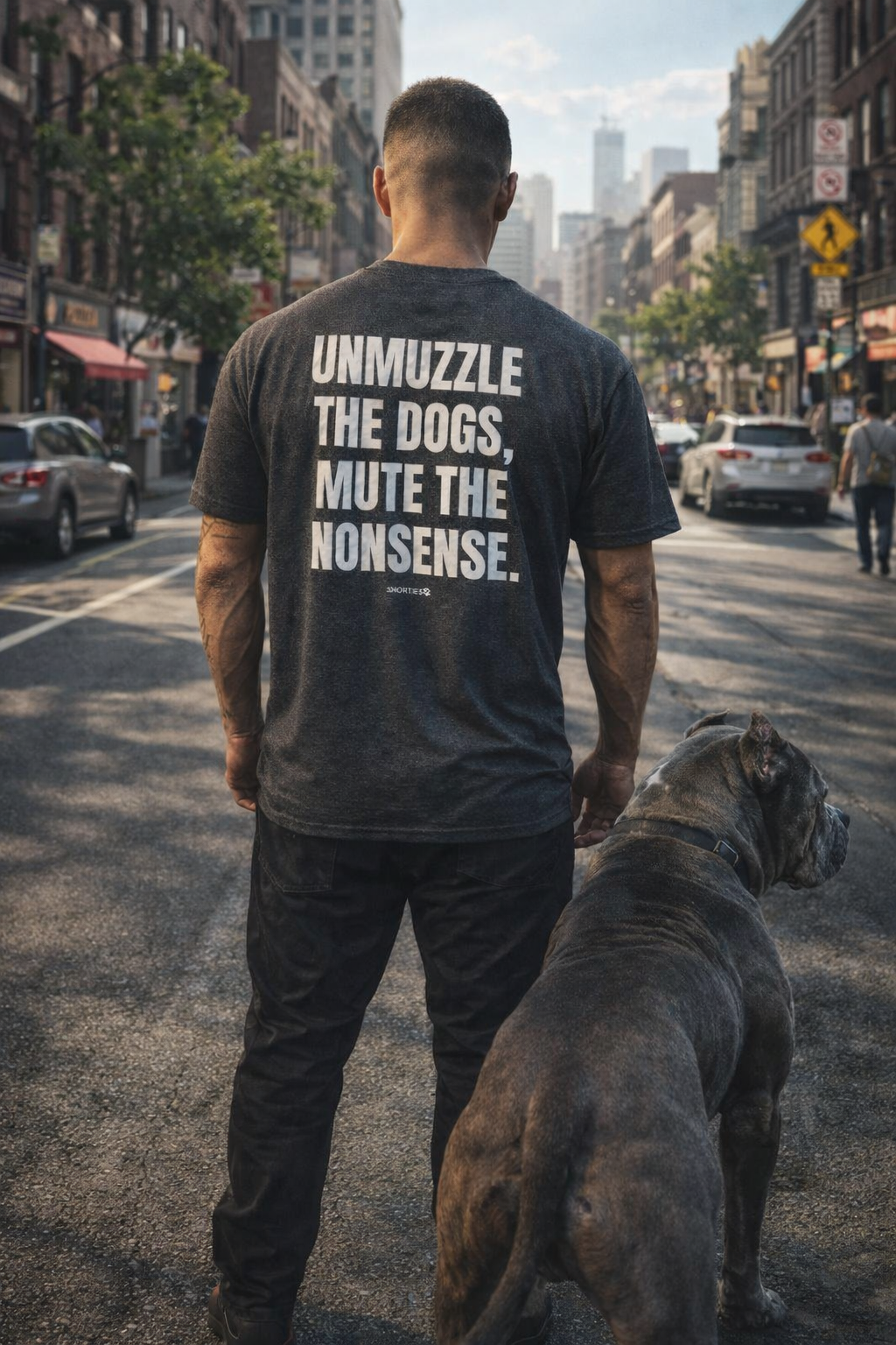Snorties Unmuzzle the Dogs oversized T-shirt featuring bold graphic design and casual fit, perfect for dog lovers.