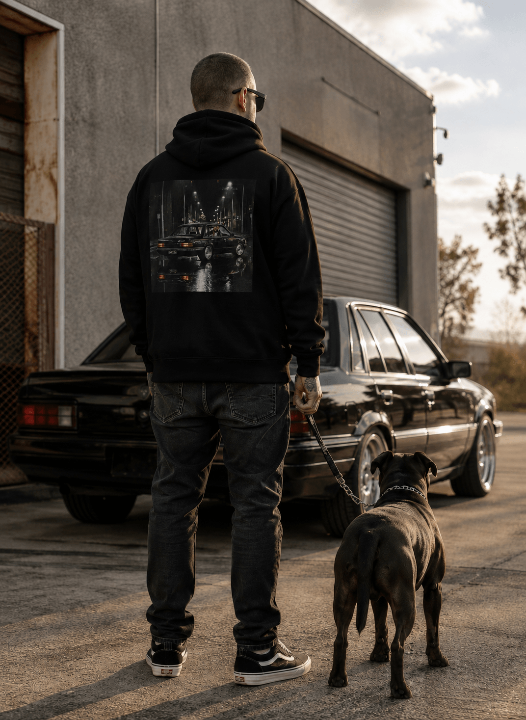 Snorties VK & Staffy hoodie modeled in a casual streetwear setting, featuring a comfortable fit and stylish design.