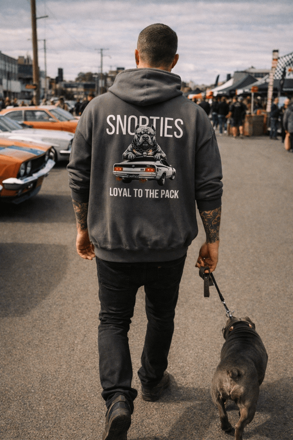 Snorties Valiant Charger hoodie featuring a graphic of a Valiant and Pocket Bully dog on the front.