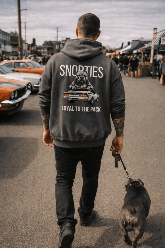 Snorties Valiant Charger hoodie featuring a graphic of a Valiant and Pocket Bully dog on the front.