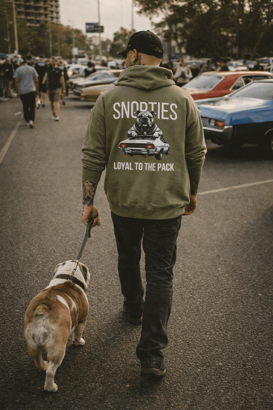 Snorties English Bulldog XB Ford Falcon hoodie featuring a graphic of a bulldog and a Ford Falcon car design.