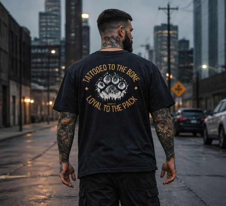 Snorties Tattooed to the Bone oversized T-shirt featuring a bold graphic design with loyal to the pack slogan on soft fabric.
