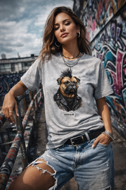 Bull Mastiff Punk Women's T-Shirt by Snorties featuring a bold graphic of a punk-inspired Bull Mastiff dog.