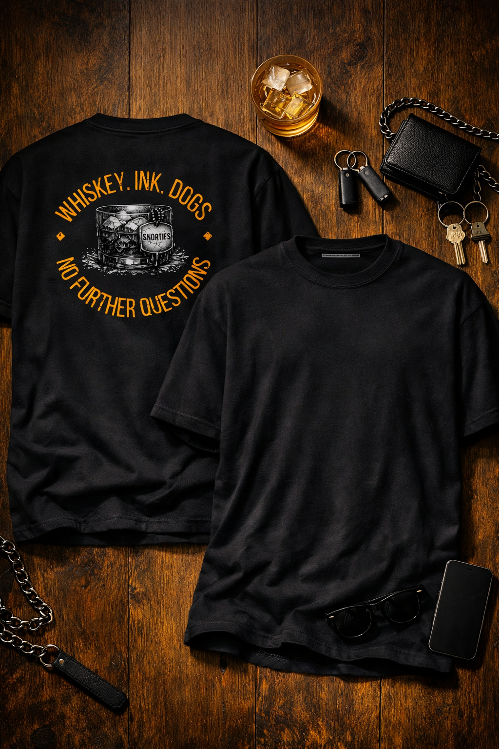 Snorties Whiskey Ink Dogs oversized T-shirt featuring a graphic of dogs and whiskey ink design on soft fabric.