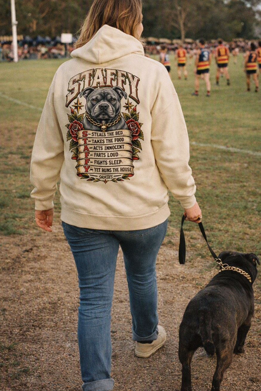 Snorties Staffy Hoodie featuring a Staffordshire Bull Terrier graphic, comfortable streetwear for Staffy dog lovers.