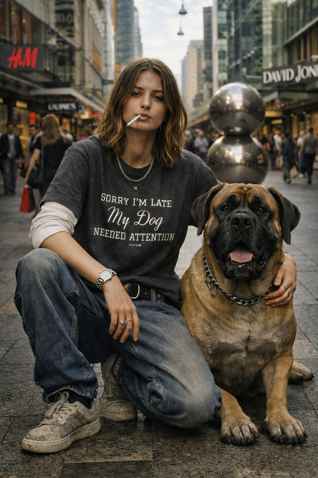 Pink women's T-shirt by Snorties featuring the "Sorry I'm Late" dog graphic, casual fit, and soft fabric.
